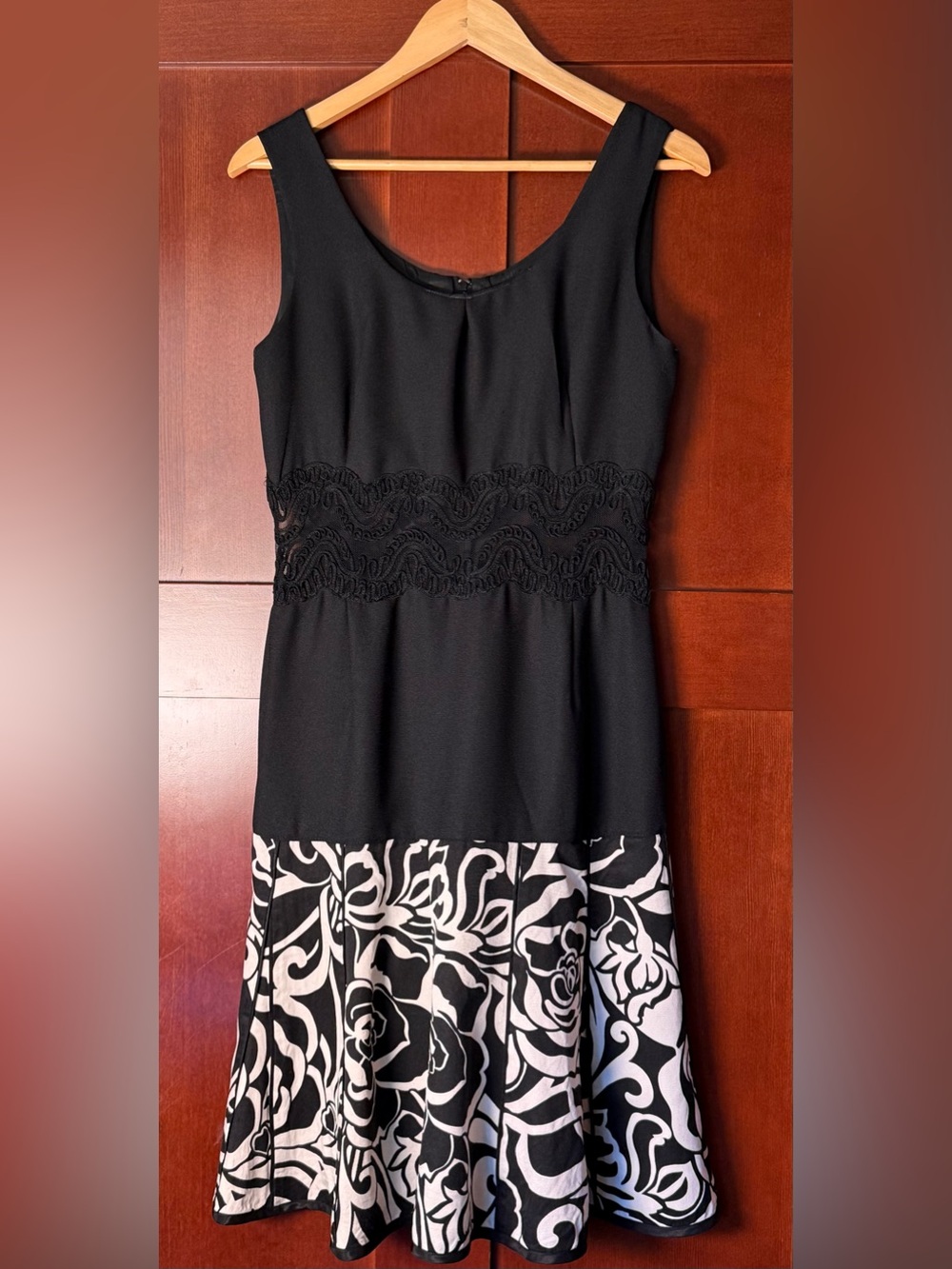 Lined Crepe & Faille Fit & Flare Dress Sheer Black Soutache Waist Floral Skirt 8